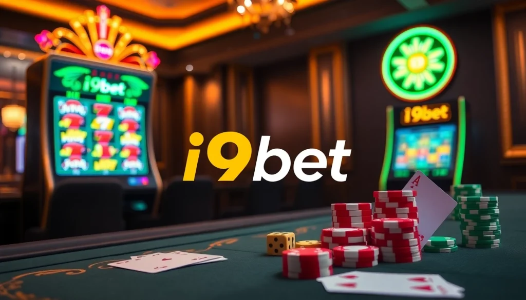 i9bet casino table with colorful poker chips and vibrant slot machine in an elegant online gaming atmosphere