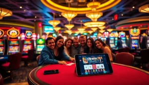 Experience the thrill of Okwin with vibrant casino visuals, engaging players, and exciting games.