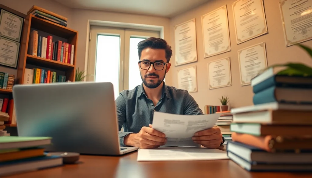 Professional translator providing tradução juramentada services in a modern office.