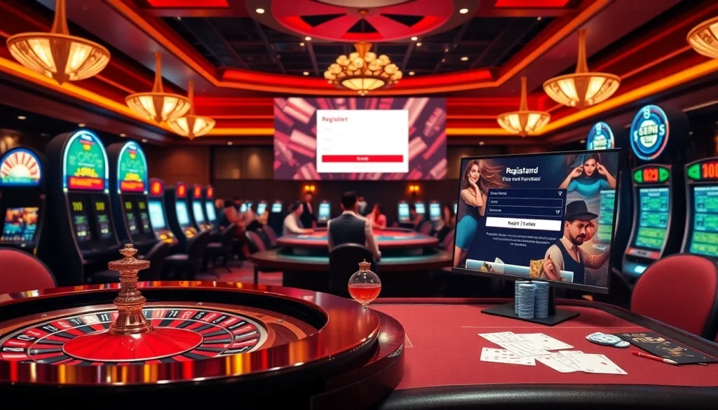 Engaging casino environment highlighting đăng ký shbet registration on digital screens for online gambling.