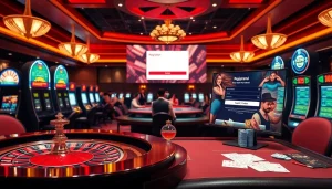 Engaging casino environment highlighting đăng ký shbet registration on digital screens for online gambling.