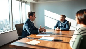Eminent domain lawyer consulting with a client in a well-lit office setting.
