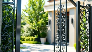 Showcasing custom steel gates with intricate designs at a modern home entrance.