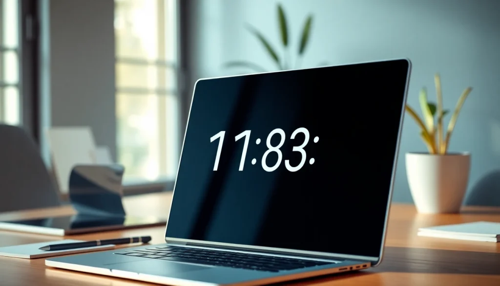 Set a gmail email timer with a sleek digital display in a modern office setup.