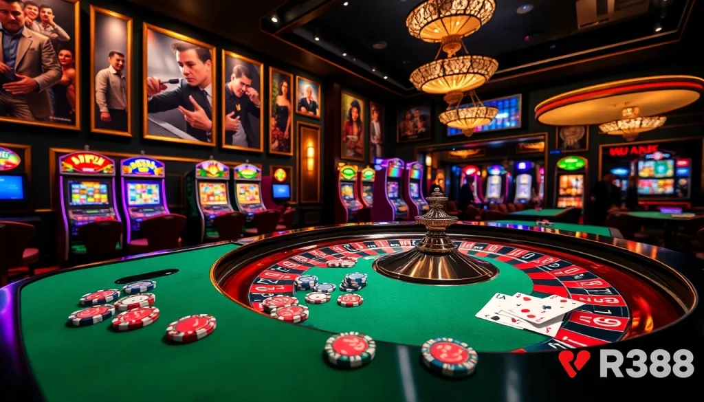 Experience the thrill of rr88 as players engage in vibrant casino games at a luxurious roulette table.
