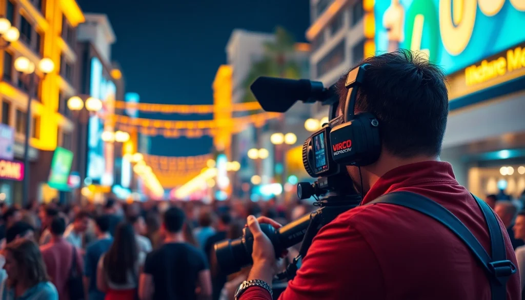 Videographer actively filming a dynamic event in an urban environment with an engaged audience.