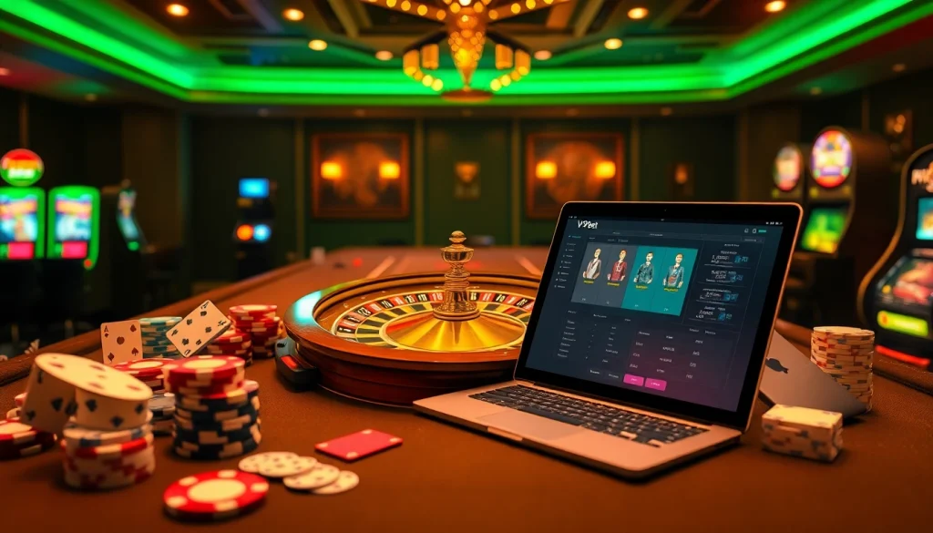 Experience the luxury of V9 bet in a high-stakes casino setting with roulette and poker chips.