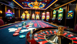 Experience the thrill of gambling with Liên Minh KJC in a luxurious casino setting filled with vibrant poker chips and slots.