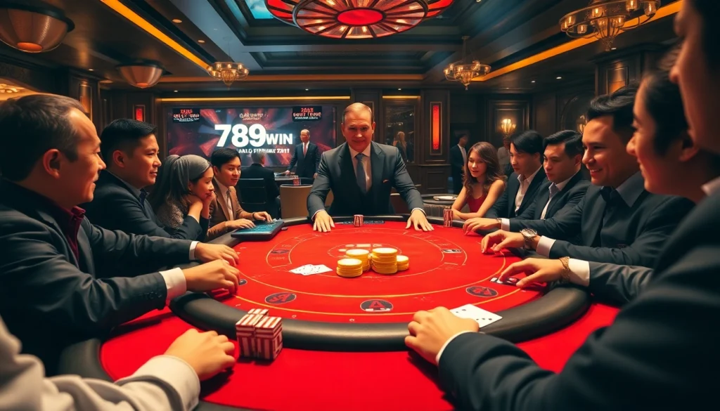 The excitement of the poker table unfolds with the showcase of the 789win app interface, immersed in a luxurious casino setting.