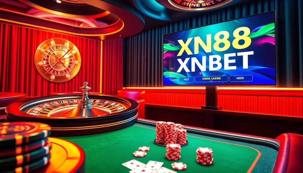 XN88 BET gambling action at an upscale casino with roulette and poker tables.