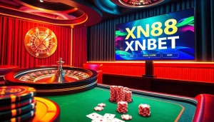 XN88 BET gambling action at an upscale casino with roulette and poker tables.