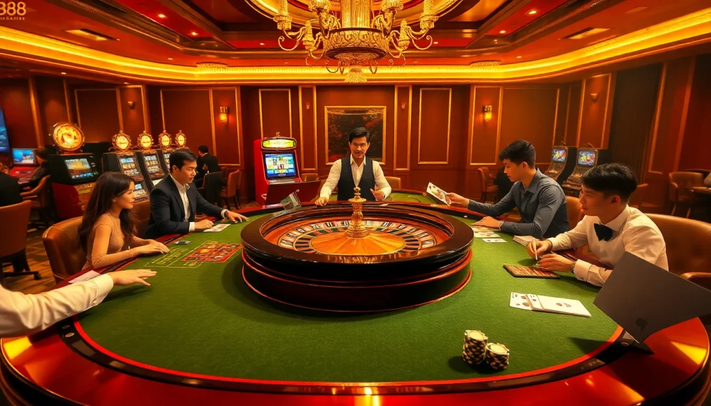 Engaged players at BK8 เว็บตรง casino with roulette and poker chips illustrate excitement and thrill.