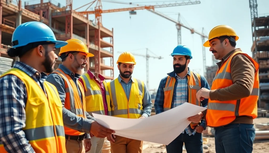 Construction workforce development showcased through diverse workers collaborating on-site.