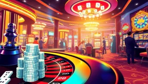 Experience the thrill of link mahjong at a vibrant casino, showcasing poker tables, roulette wheels, and colorful slot machines.