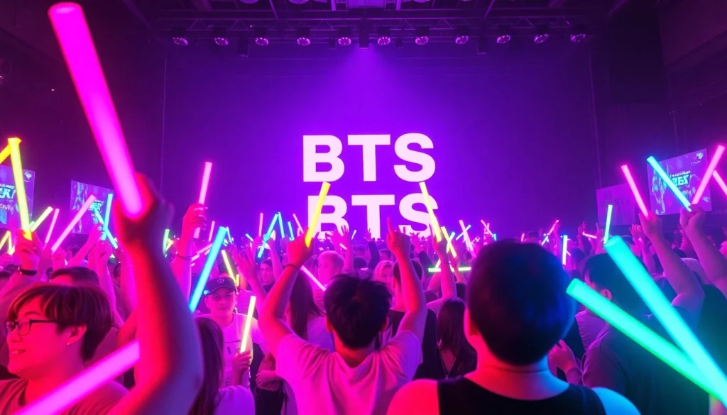 Fans cheering at a concert celebrating bts news with light sticks and banners.