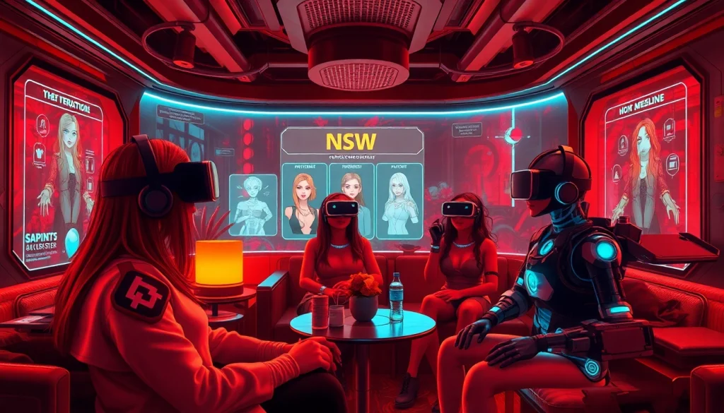 Engaging scene of users interacting with nsfw character ai in a high-tech lounge setting.