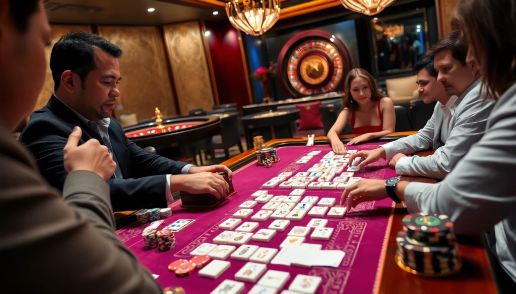 Engage in a thrilling game of link mahjong at a luxurious casino table with polished tiles and vibrant atmosphere.