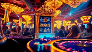 Experience the excitement of playing the Zeus slot machine in a lively casino setting.