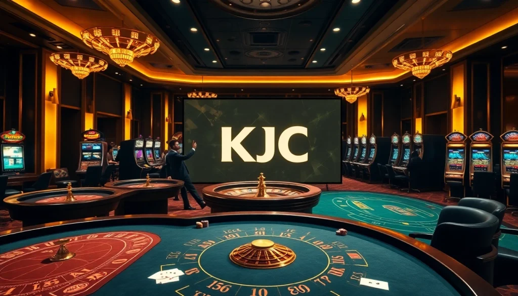 Players enjoying a high-stakes game at KJC's luxurious casino table, showcasing vibrant action.
