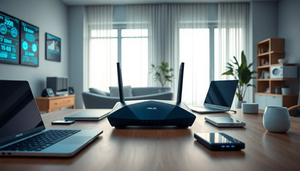 Router ASUS RT-AX88U hiện đại giới thiệu tích hợp Mã AX88 trong một văn phòng tại nhà phong cách.