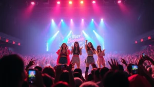 Fans celebrating at a Blackpink news concert, highlighted by dynamic stage lighting.