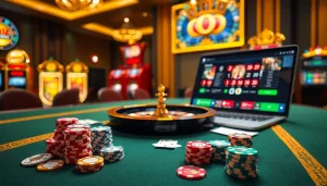 RR88 casino scene showcasing poker chips and roulette wheel in a luxurious setting.