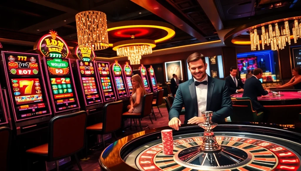 Experience thrilling gameplay at idn slot 777 with vibrant slot machines and excited gamblers.