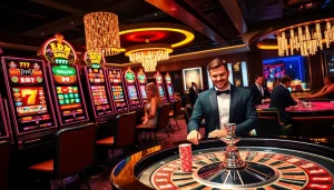 Experience thrilling gameplay at idn slot 777 with vibrant slot machines and excited gamblers.