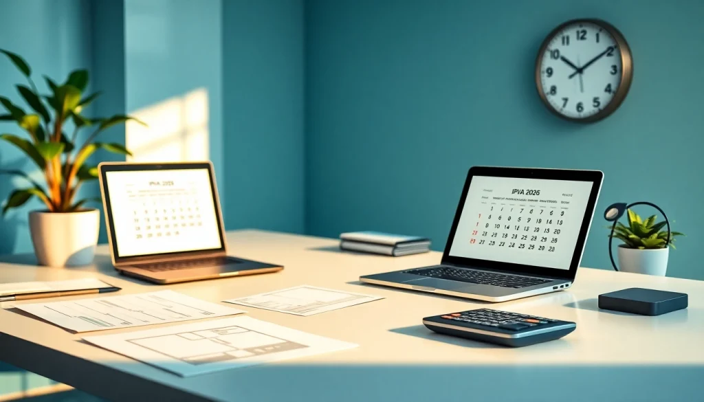Financial planning scene with IPVA GO 2026 calendar, promoting organized tax payments.
