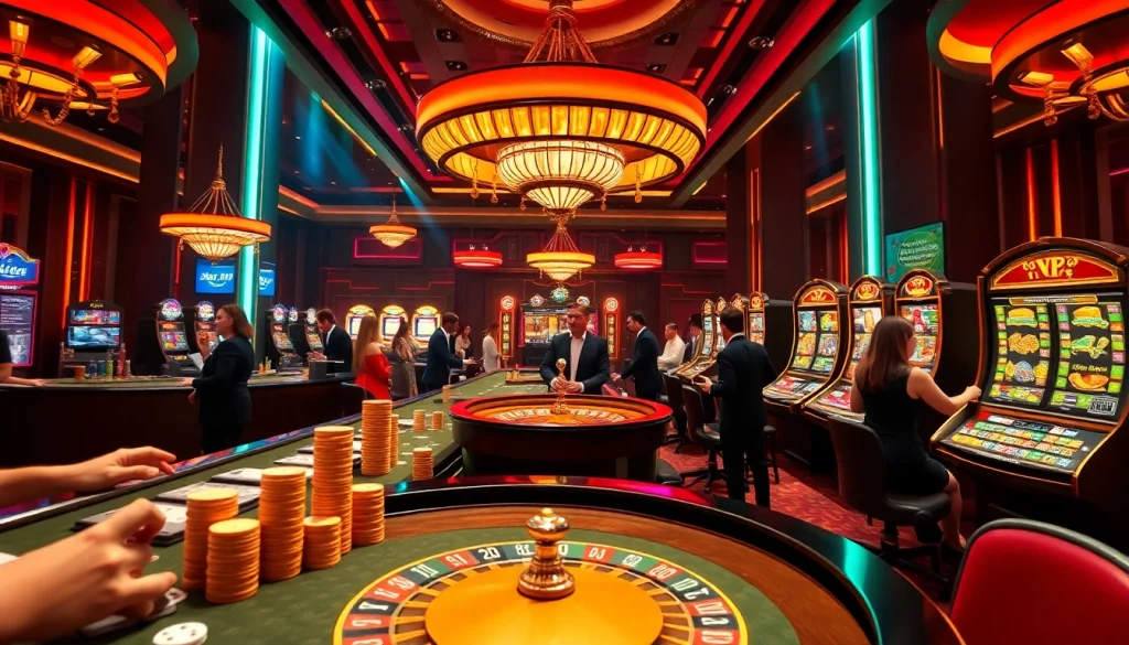 Exciting gambling action featuring the vibrant casino atmosphere of https://xx88.today/ with players, tables, and games.