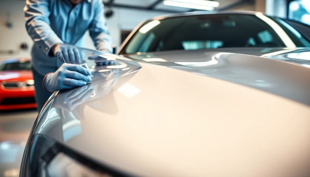 Applying paint protection film near me on a high-end vehicle in a professional garage.