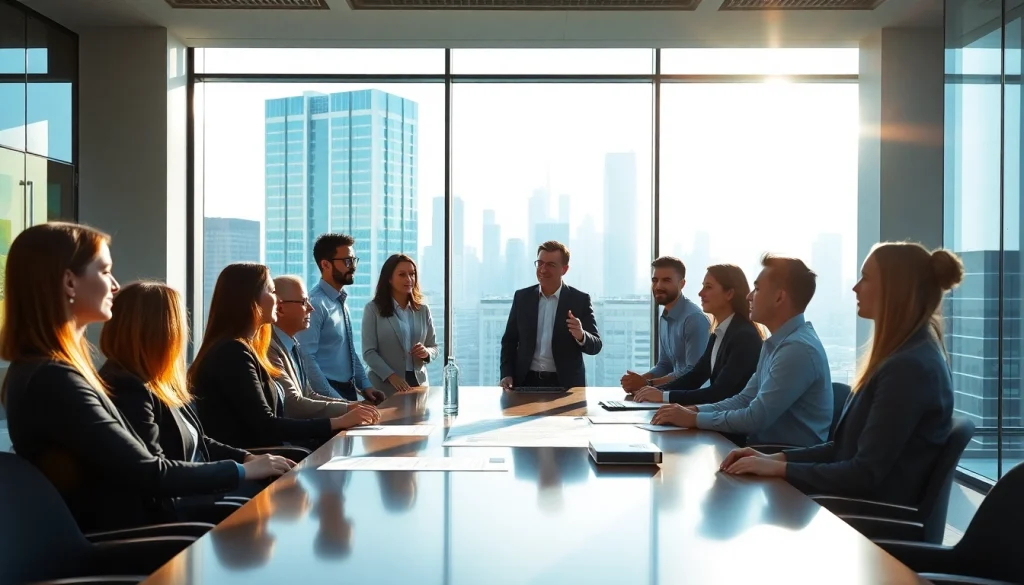 Crisis management consultant leading a team discussion in a modern office setting.