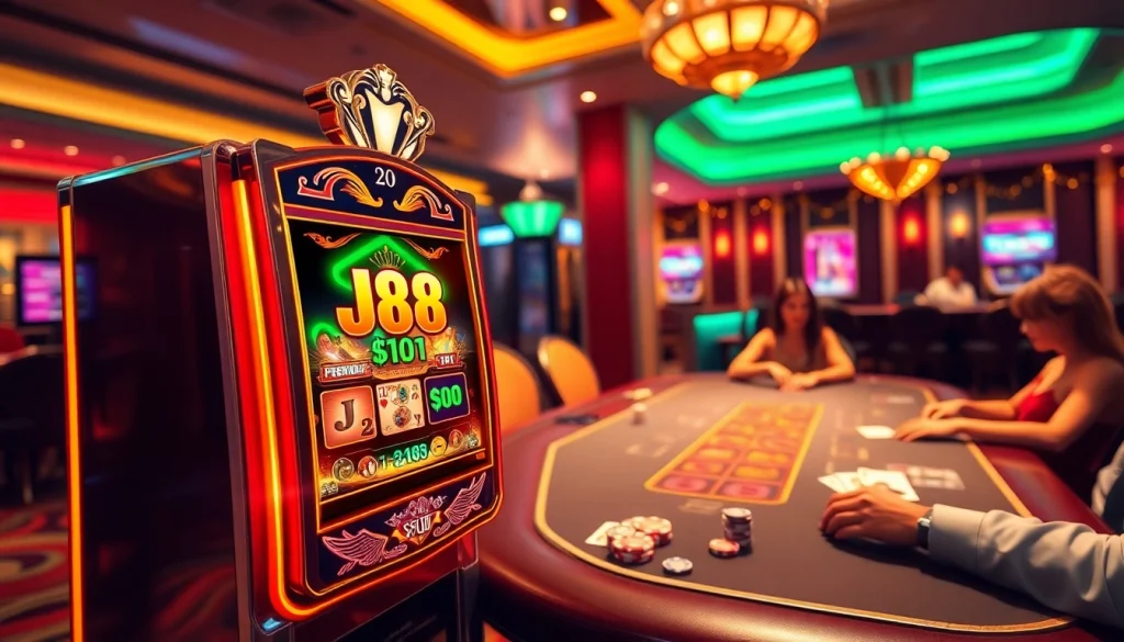 Play the exciting J88 slot machine surrounded by vibrant casino elements.