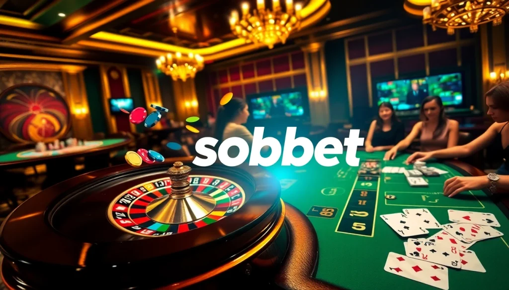 Sbobet betting excitement with a spinning roulette wheel and high-stakes poker table in a luxurious casino setting.