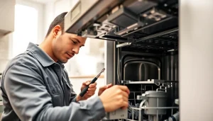 BOSCH dishwasher repair service with a technician inspecting a dishwasher in a bright kitchen.