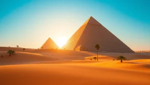 Discovering the majesty of the Great pyramids against a clear blue sky at sunrise.