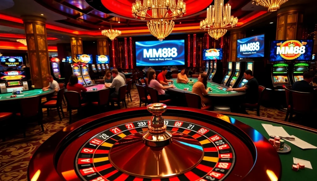 Exciting casino scene with MM88 branding, showcasing roulette table, poker chips, and online gaming elements.