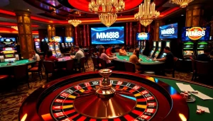 Exciting casino scene with MM88 branding, showcasing roulette table, poker chips, and online gaming elements.