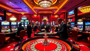 Experience the thrill of RR88 gaming at a luxurious casino featuring roulette tables and vibrant slot machines.