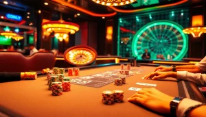 S8 casino players enjoying a lively blackjack game with colorful poker chips and vibrant casino ambiance.
