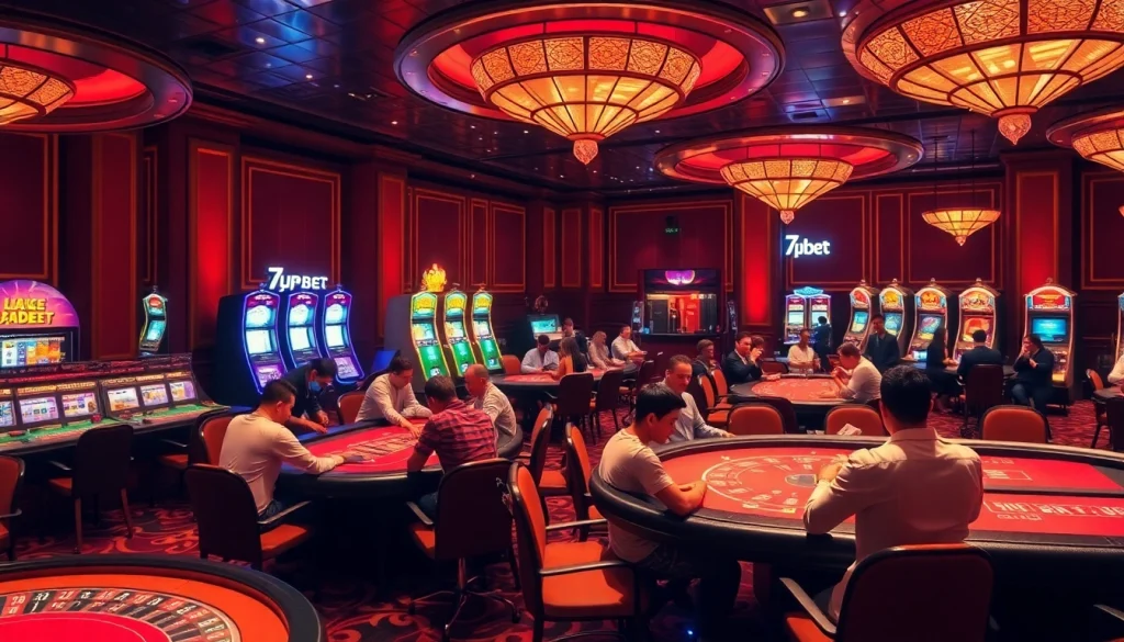 Experience the excitement of 7upbet with players engaging at luxurious casino tables.