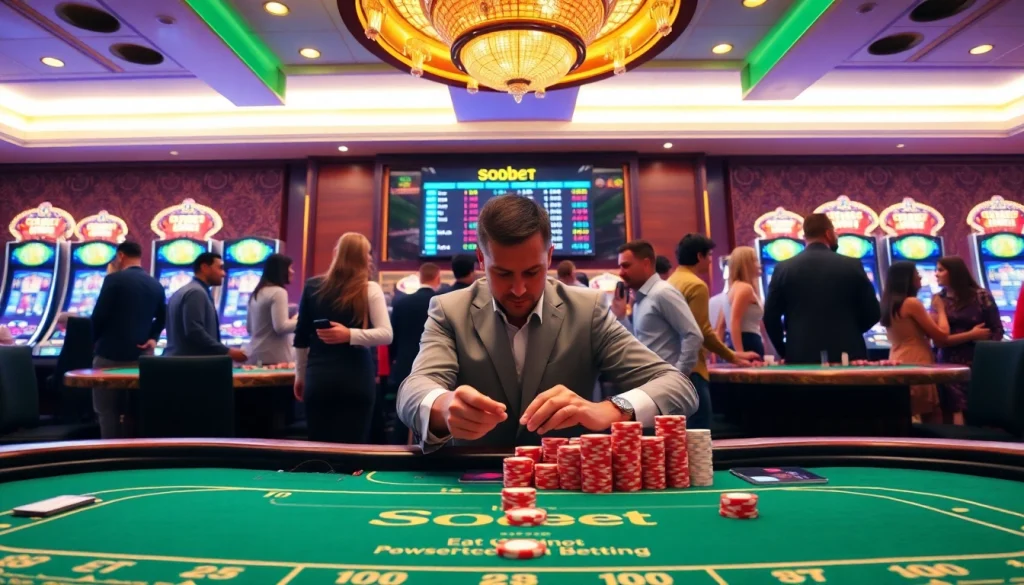 Betting chips and live dealer action in a sbobet casino setting, showcasing excitement in gaming.