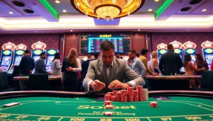 Betting chips and live dealer action in a sbobet casino setting, showcasing excitement in gaming.