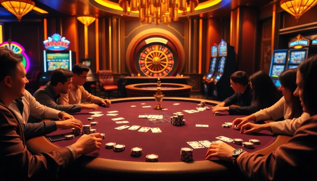 Players engaged in a thrilling 555 win poker game at an upscale casino table.