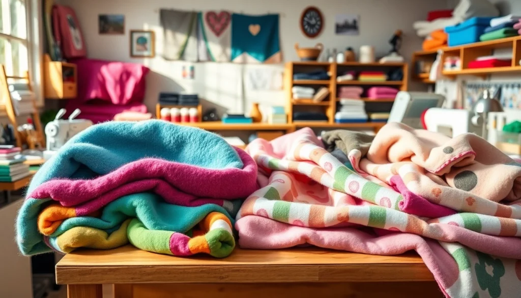 Bekijk fleece stof prints op een ambachtelijke tafel met warme kleuren en motieven.