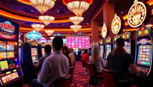 Aksi deposit pulsa slot yang seru di kasino dengan mesin berwarna-warni dan pemain meraih kemenangan besar.