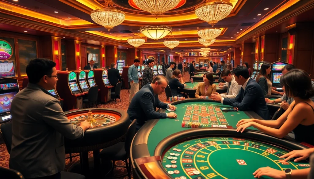 Engaged gamblers at a vibrant casino promoting betting experiences on https://rr88.navy/ with roulette and poker tables.