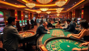 Engaged gamblers at a vibrant casino promoting betting experiences on https://rr88.navy/ with roulette and poker tables.