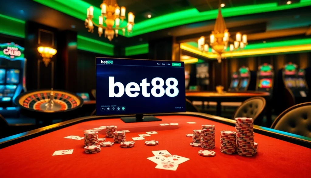 Experience the luxury of Bet88 đăng nhập with stylish gambling elements like cards and poker chips.