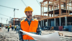 New Jersey Construction Manager supervising a construction project with blueprints in hand.